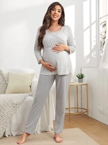 SHEIN Maternity Striped Nursing Tee & Trousers Lounge Set - Light Grey - View 6