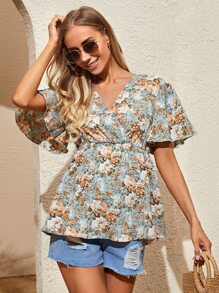 SHEIN 孕婦滿版印花蝴蝶袖荷葉邊下擺襯衫 - 彩色 - 查看 1