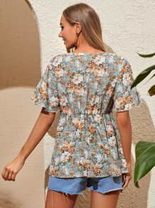 SHEIN 孕婦滿版印花蝴蝶袖荷葉邊下擺襯衫 - 彩色 - 查看 2