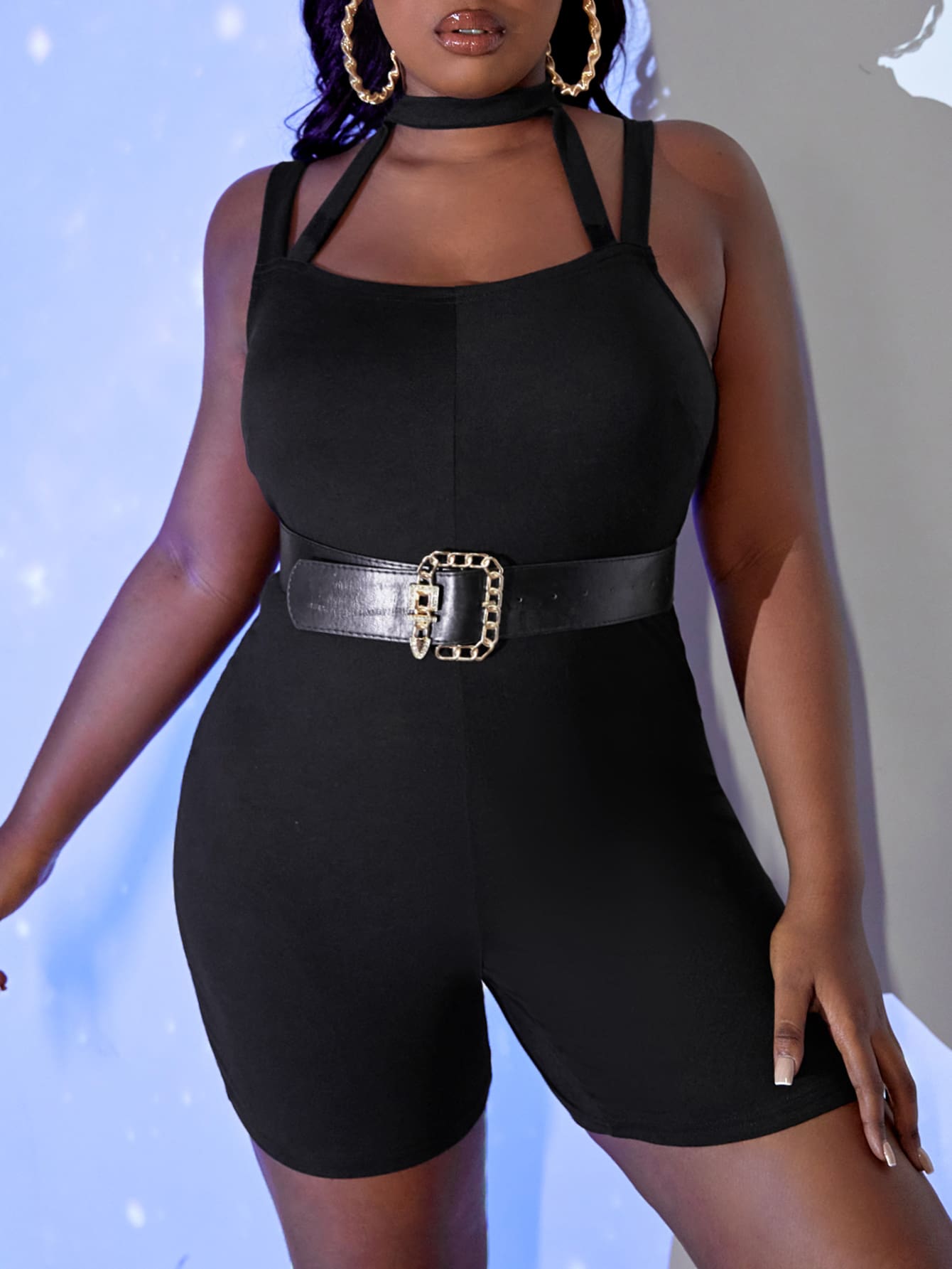 Slaydiva 大碼鏤空繞頸連身短褲不附腰帶 - 黑色 - 查看 1