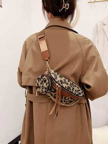 2 件豹纹斜挎包和胸包套装，带链条，可拆卸 - 彩色 - 查看 3