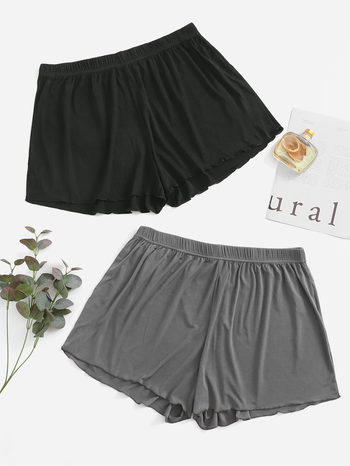 Plus 2pcs Lettuce Trim Sleep Shorts - Multicolor - View 1