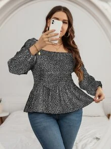 SHEIN Clasi Plus Leopard Print Lantern Sleeve Shirred Peplum Blouse Peplum Top Fall Cloth For Women - Black and White - View 1