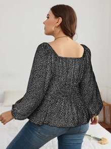 SHEIN Clasi Plus Leopard Print Lantern Sleeve Shirred Peplum Blouse Peplum Top Fall Cloth For Women - Black and White - View 2