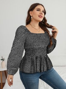 SHEIN Clasi Plus Leopard Print Lantern Sleeve Shirred Peplum Blouse Peplum Top Fall Cloth For Women - Black and White - View 3