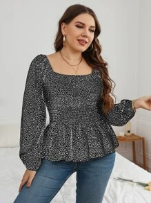 SHEIN Clasi Plus Leopard Print Lantern Sleeve Shirred Peplum Blouse Peplum Top Fall Cloth For Women - Black and White - View 4