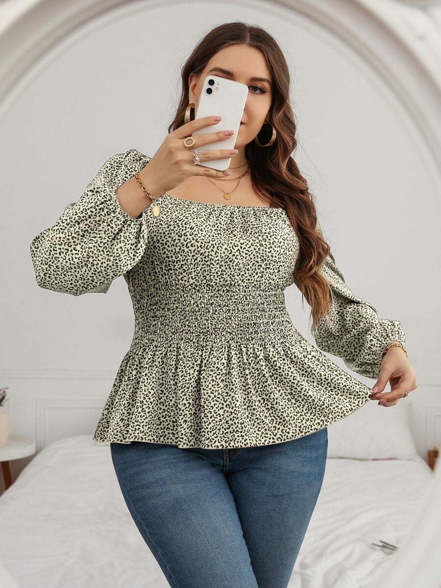 SHEIN Clasi Plus Leopard Print Lantern Sleeve Shirred Peplum Blouse Peplum Top - Multicolor - View 1