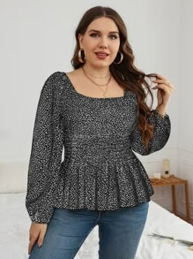 SHEIN Clasi Plus Leopard Print Lantern Sleeve Shirred Peplum Blouse Peplum Top Fall Cloth For Women - Black and White - View 6