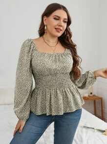 SHEIN Clasi Plus Leopard Print Lantern Sleeve Shirred Peplum Blouse Peplum Top - Multicolor - View 3