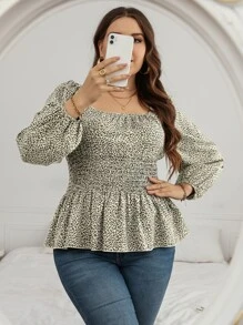 SHEIN Clasi Plus Leopard Print Lantern Sleeve Shirred Peplum Blouse Peplum Top - Multicolor - View 5