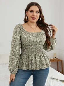 SHEIN Clasi Plus Leopard Print Lantern Sleeve Shirred Peplum Blouse Peplum Top - Multicolor - View 6