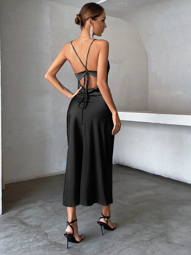 black strappy detail backless cami dress GENKIRA Satin Tie Backless Cami Dress Holiday Party Birthday Formal  Occassion Dress