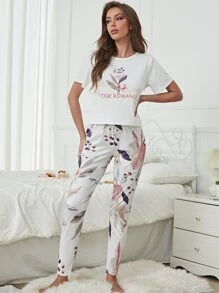 Botanical And Letter Print Top & Pants Pajama Set White Set - White - View 6