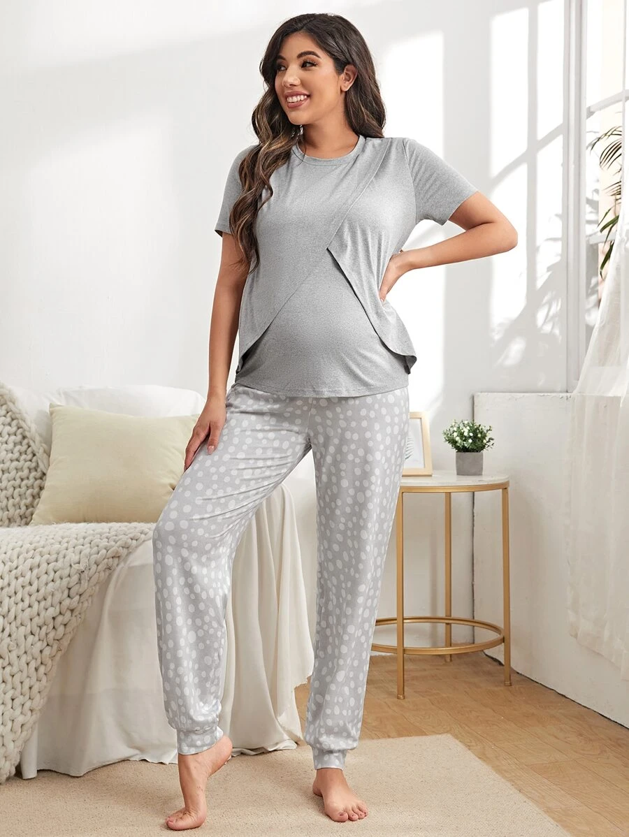 SHEIN Maternity Nursing Top & Dot Print Pants Loungewear Set For Mother