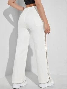 金屬扣眼繫帶縫線細節寬腿牛仔褲 - 白色 - 查看 2
