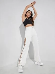 金屬扣眼繫帶縫線細節寬腿牛仔褲 - 白色 - 查看 3