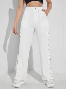 金屬扣眼繫帶縫線細節寬腿牛仔褲 - 白色 - 查看 5