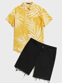 Manfinity Men Tropical Print Shirt & Raw Hem Shorts Set - Multicolor - View 3