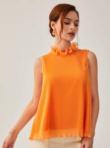 Mulvari Neon Orange Ruffle Neck Lettuce Trim Plisse Top - Orange - View 1