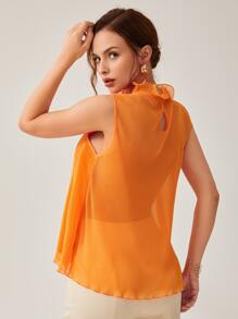Mulvari Neon Orange Ruffle Neck Lettuce Trim Plisse Top - Orange - View 2