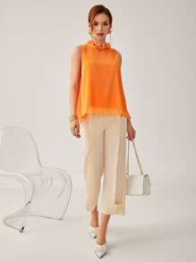Mulvari Neon Orange Ruffle Neck Lettuce Trim Plisse Top - Orange - View 3
