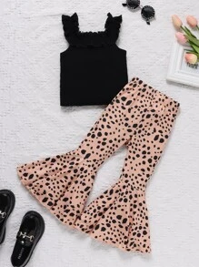 Toddler Girls Ruffle Trim Top & Dalmatian Print Flare Leg Trousers - Multicolor - View 1