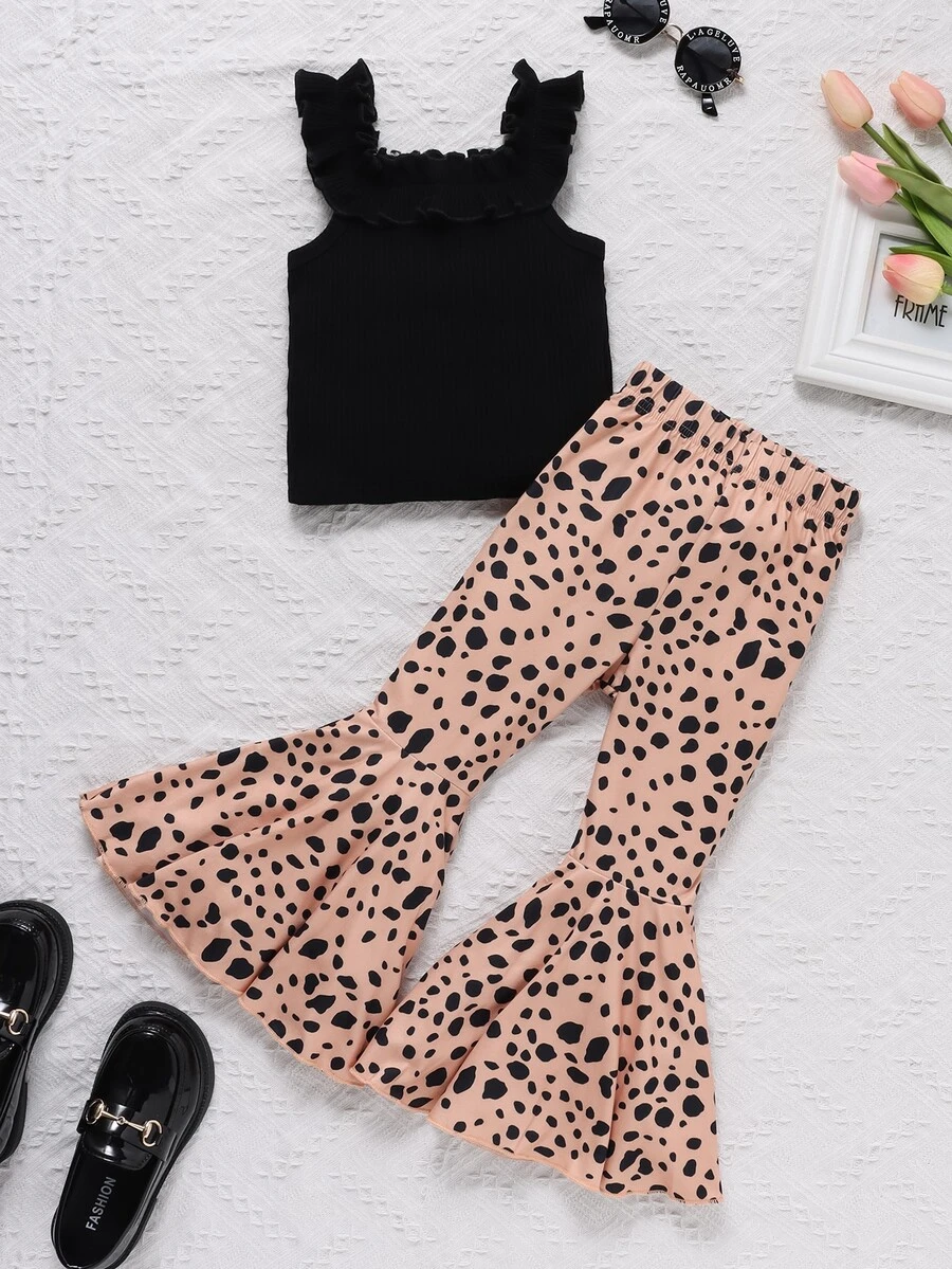 Toddler Girls Ruffle Trim Top & Dalmatian Print Flare Leg Trousers - Multicolor - View 1