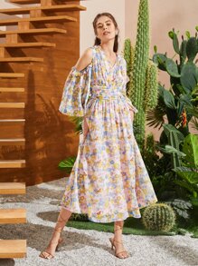 Seusyu Vestido con estampado floral de hombros descubiertos ribete con fruncido - Multicolor - Ver 2