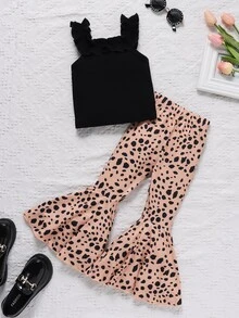 Toddler Girls Ruffle Trim Top & Dalmatian Print Flare Leg Trousers - Multicolor - View 2
