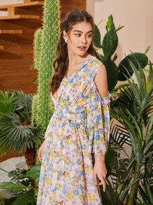 Seusyu Vestido con estampado floral de hombros descubiertos ribete con fruncido - Multicolor - Ver 3