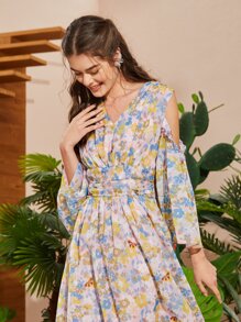 Seusyu Vestido con estampado floral de hombros descubiertos ribete con fruncido - Multicolor - Ver 5