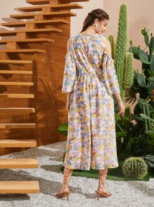 Seusyu Vestido con estampado floral de hombros descubiertos ribete con fruncido - Multicolor - Ver 7