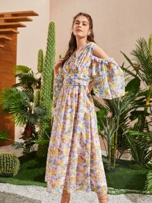 Seusyu Vestido con estampado floral de hombros descubiertos ribete con fruncido - Multicolor - Ver 8