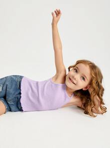 SHEIN Toddler Girls Cotton Lettuce Trim Rib Knit Cami Top - Lilac Purple - View 5