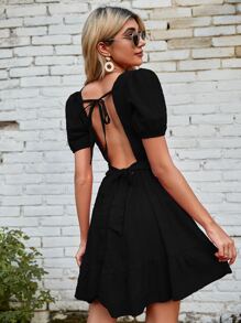 SHEIN Holidaya Puff Sleeve Tied Open Back Dress - Black - View 1