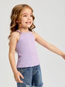 SHEIN Toddler Girls Cotton Lettuce Trim Rib Knit Cami Top - Lilac Purple - View 1