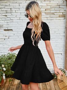 SHEIN Holidaya Puff Sleeve Tied Open Back Dress - Black - View 2