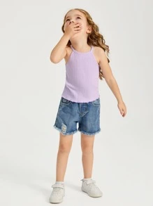 SHEIN Toddler Girls Cotton Lettuce Trim Rib Knit Cami Top - Lilac Purple - View 3