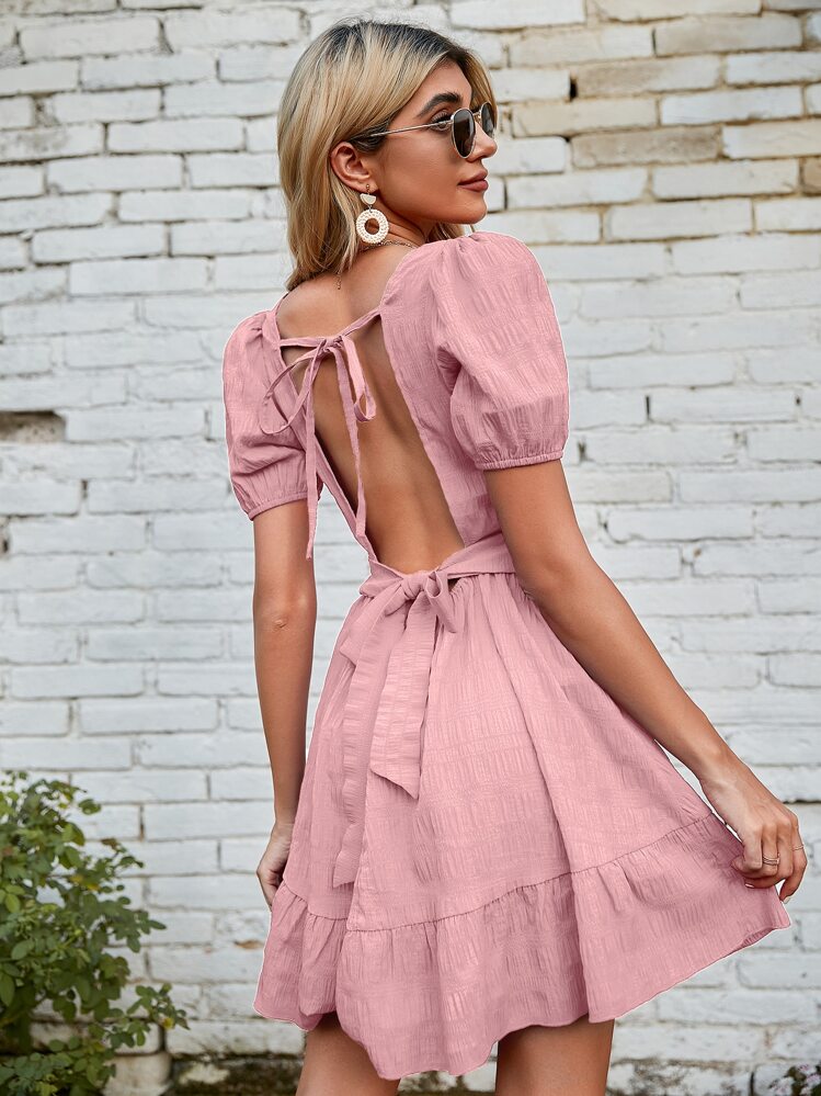 SHEIN VCAY Đầm Lộ Lưng Viên lá sen Buộc lại màu trơn Boho - Bụi hồng - Xem 1