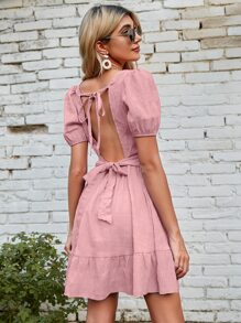 SHEIN VCAY Đầm Lộ Lưng Viên lá sen Buộc lại màu trơn Boho - Bụi hồng - Xem 3