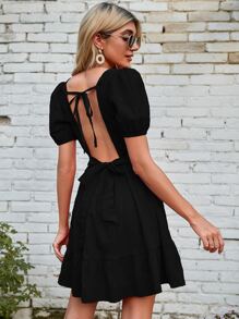 SHEIN Holidaya Puff Sleeve Tied Open Back Dress - Black - View 6
