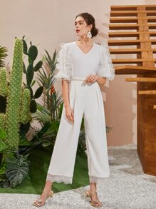 Mulvari Quần nữ Tương phản ren Dây kéo màu trơn Thanh lịch - trắng - Xem 1