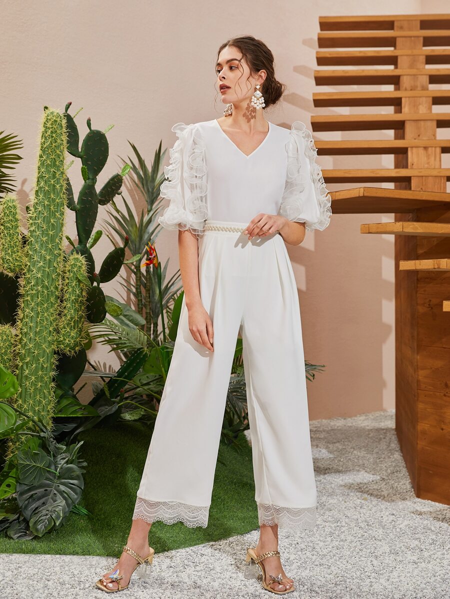 Mulvari Quần nữ Tương phản ren Dây kéo màu trơn Thanh lịch - trắng - Xem 1