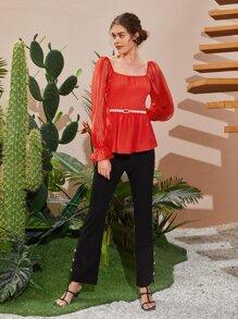 Mulvari Áo sơ mi nữ Xù Viên lá sen màu trơn Thanh lịch - Đỏ - Xem 3