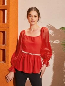 Mulvari Áo sơ mi nữ Xù Viên lá sen màu trơn Thanh lịch - Đỏ - Xem 4