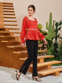 Mulvari Áo sơ mi nữ Xù Viên lá sen màu trơn Thanh lịch - Đỏ - Xem 7