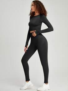 Yoga Basic hoher Dehnung Sport T-Shirt & Daumenloch, & Sports Leggings Set