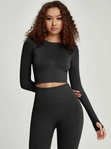 Yoga Basic hoher Dehnung Sport T-Shirt & Daumenloch, & Sports Leggings Set