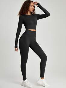 Yoga Basic hoher Dehnung Sport T-Shirt & Daumenloch, & Sports Leggings Set