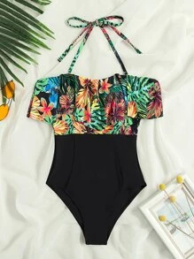 Swim Lushoire Summer Beach Tropical Print Ruffle Hem One Piece Swimsuit - Black - View 5